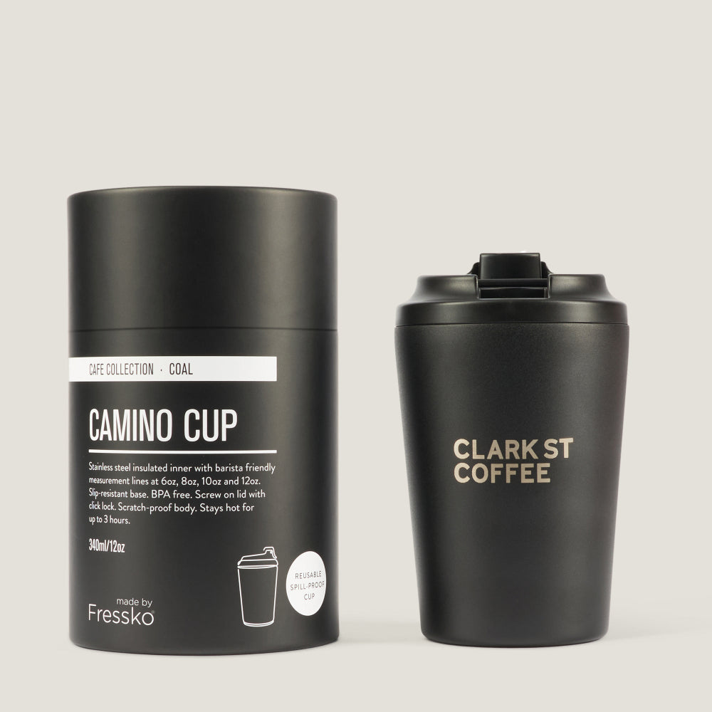 Clark St Coffee x Fressko 12oz Stainless Steel Camino Cup in Coal (deep black)