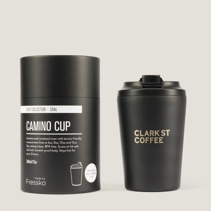Clark St Coffee x Fressko 12oz Stainless Steel Camino Cup in Coal (deep black)