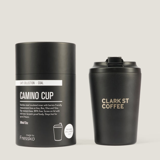 Clark St Coffee x Fressko 12oz Stainless Steel Camino Cup in Coal (deep black)