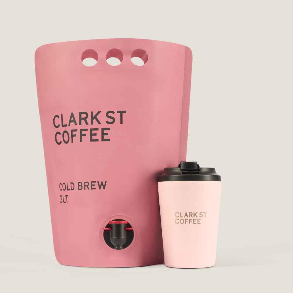 Clark St Coffee 3L Cold Brew cask and Clark St Coffee x Fressko Ceramic Cup in Floss, styled together