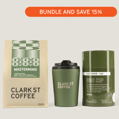 Clark St Coffee Mastermind coffee bag and Clark St Coffee x Fressko Ceramic Cup in Khaki, styled together