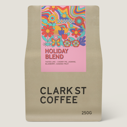 Clark St Coffee Holiday Blend 250g bag: limited seasonal coffee with a retro floral label, espresso or filter roast