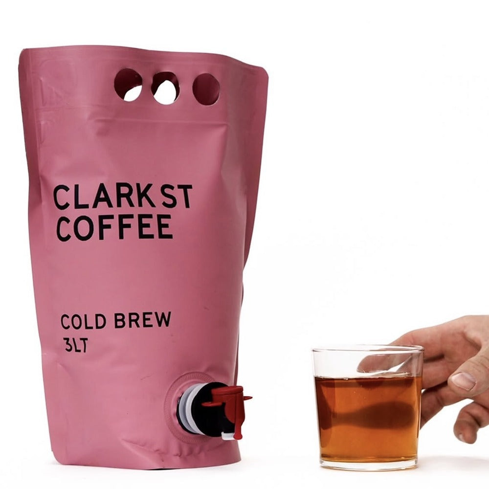 Clark St Coffee cold brew being poured — 3L RTD pouch with tap