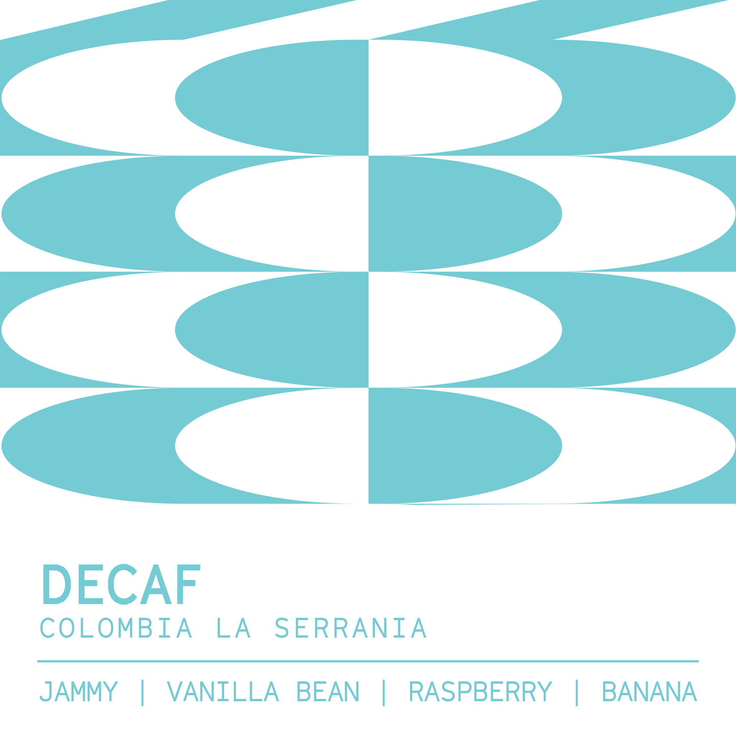 Colombia La Serrania decaf coffee label with vanilla bean and raspberry tasting notes