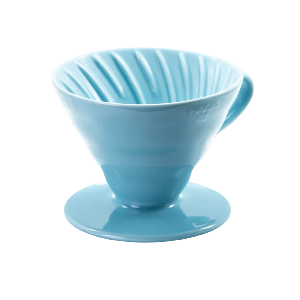 Hario V60 Ceramic Dripper 02 in light blue, side view of the pour-over cone with handle and base
