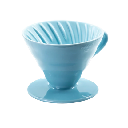 Hario V60 Ceramic Dripper 02 in light blue, side view of the pour-over cone with handle and base