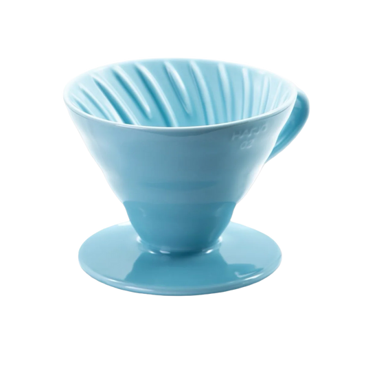 Hario V60 Ceramic Dripper 02 in light blue, side view of the pour-over cone with handle and base