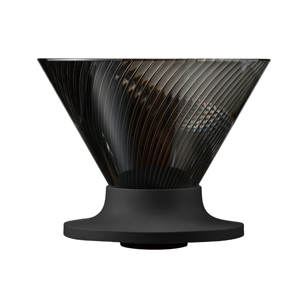 Hario V60 Dripper NEO 02 in black Tritan with silicone base, side view