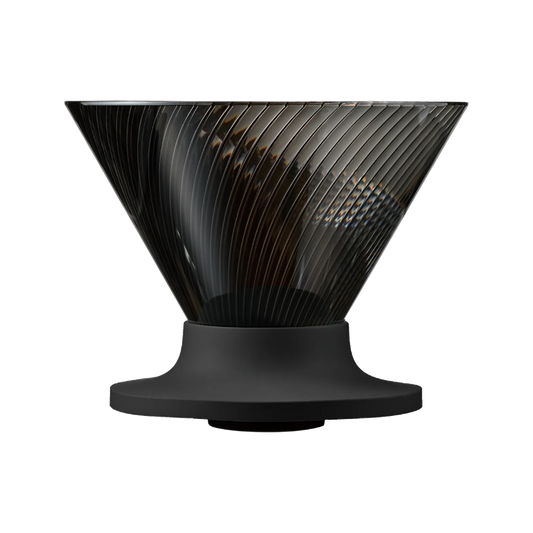 Hario V60 Dripper NEO 02 in black Tritan with silicone base, side view