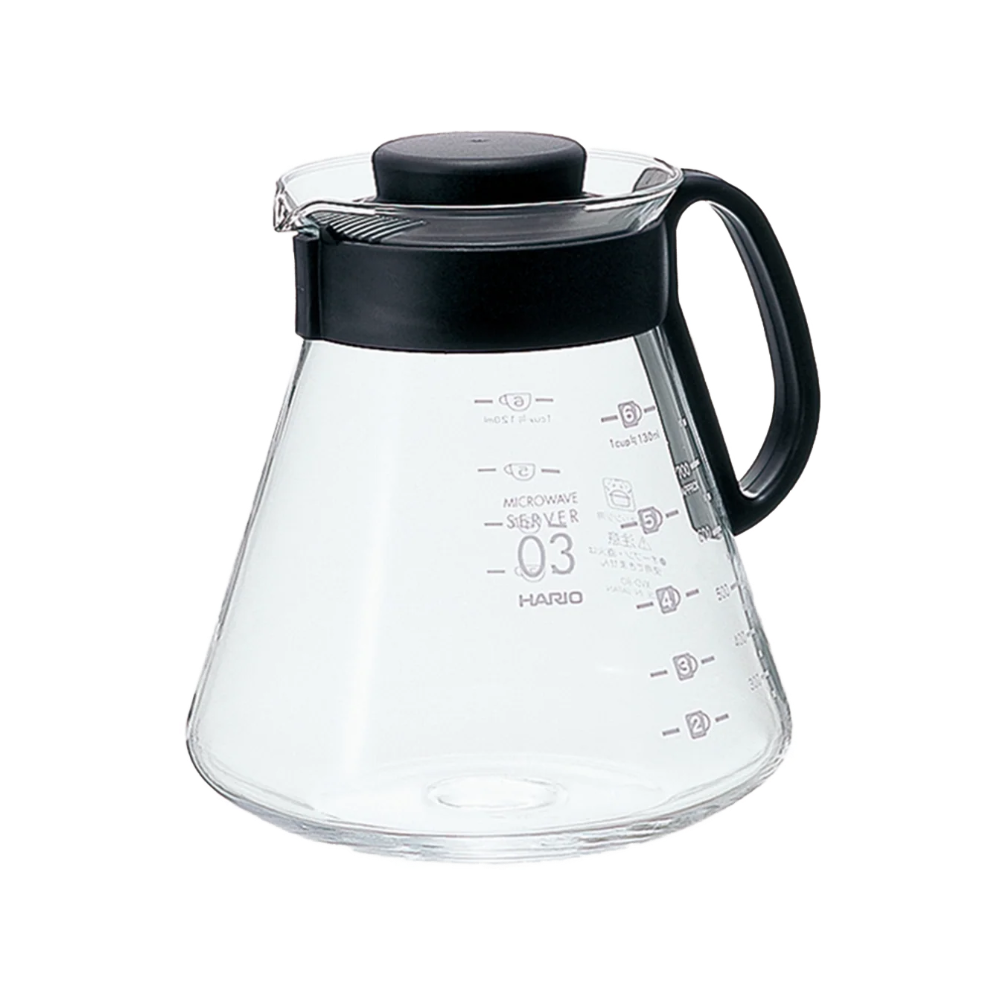 Hario V60 Range Server 800ml in black, heatproof glass coffee server with lid and measuring marks