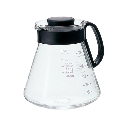 Hario V60 Range Server 800ml in black, heatproof glass coffee server with lid and measuring marks