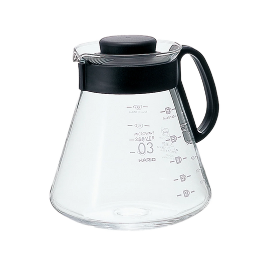 Hario V60 Range Server 800ml in black, heatproof glass coffee server with lid and measuring marks
