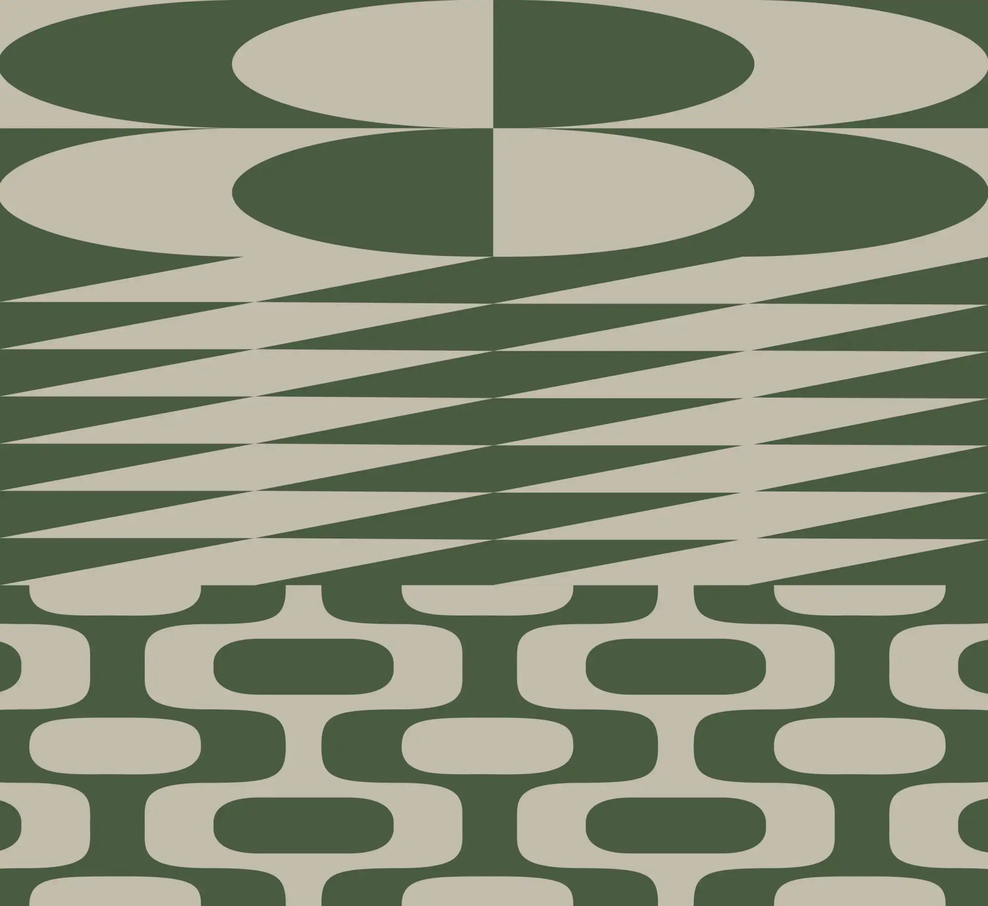 Olive green and beige geometric patterned wallpaper with retro mid-century modern design.