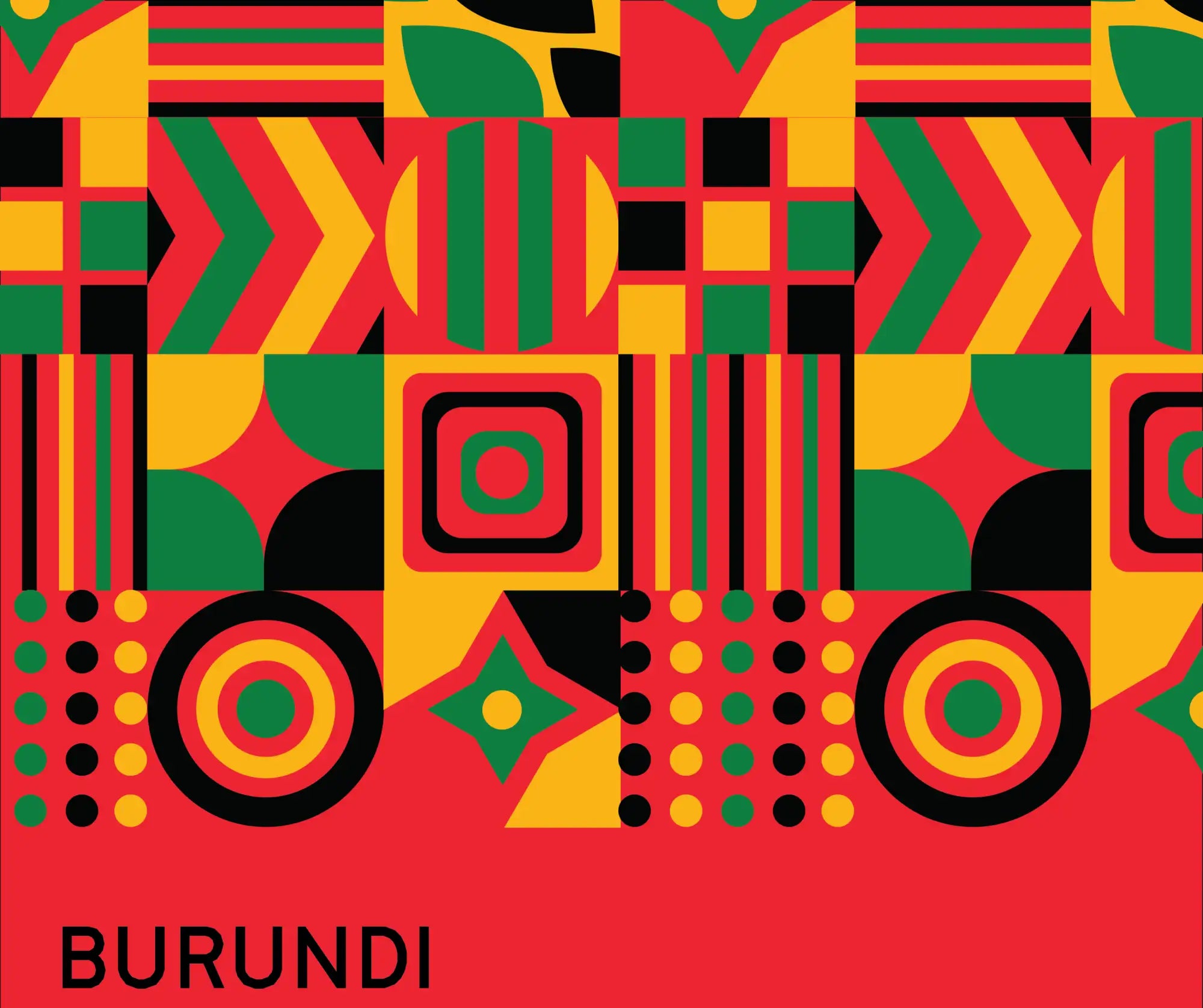 Vibrant geometric pattern in bold red, green, yellow, and black hues with abstract shapes like arrows, circles, and squares.