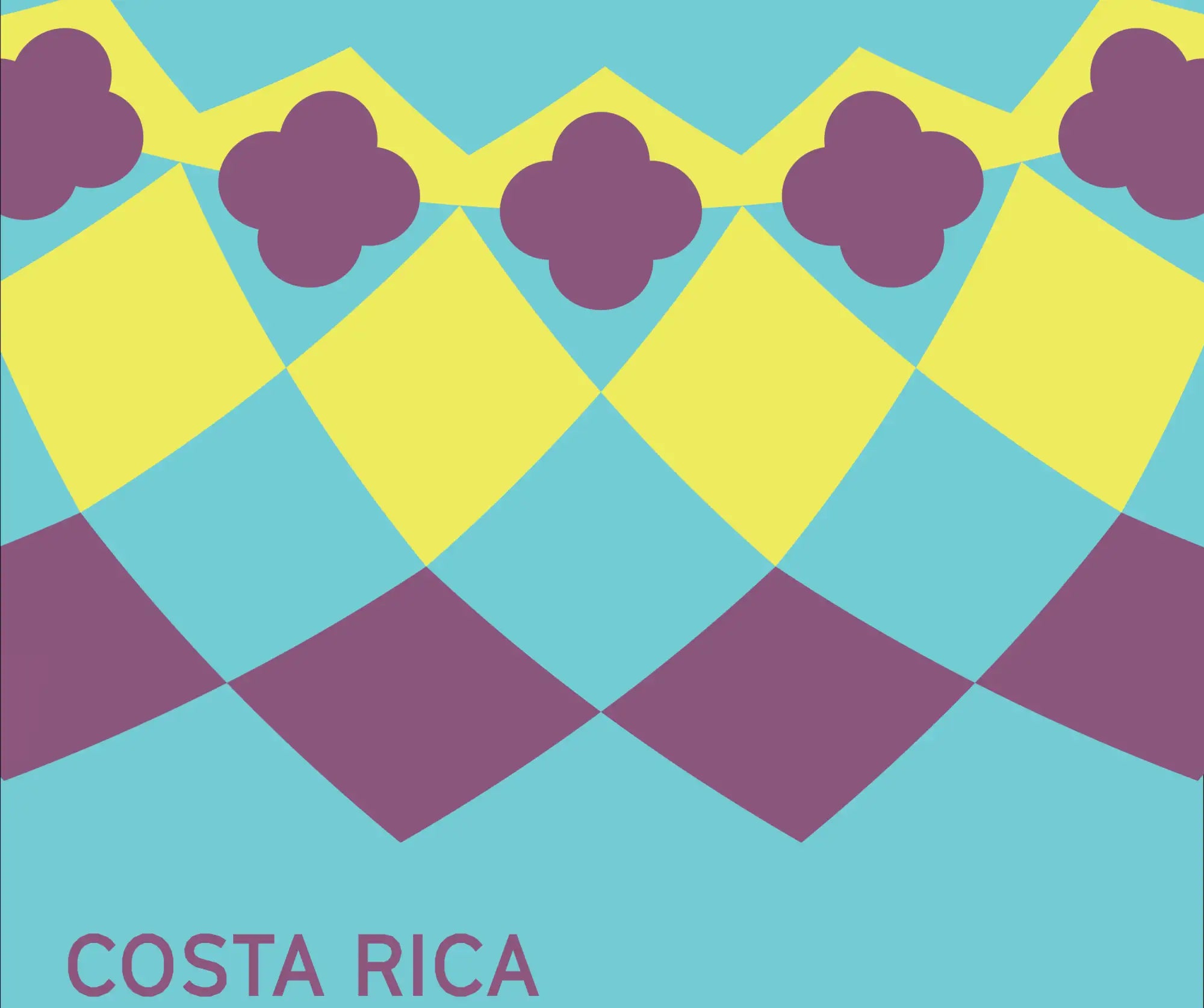 A vibrant geometric pattern featuring alternating yellow and light blue diamond shapes, accented with purple cloud-like motifs along the top edge.