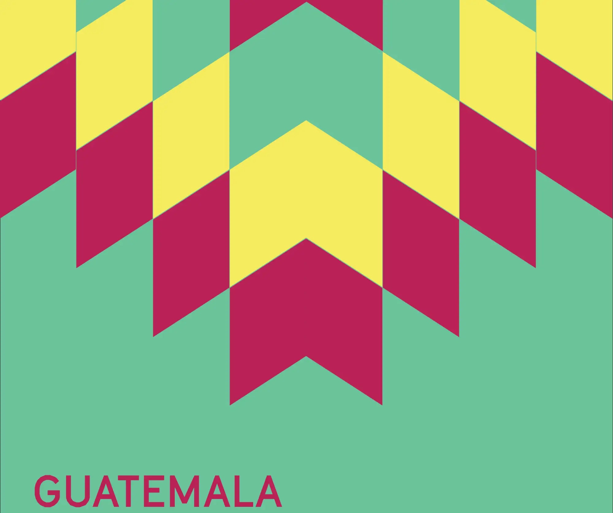 Vibrant geometric pattern featuring alternating yellow and magenta chevrons on a teal background, with ’guatemala’ printed in bold red text at the bottom.