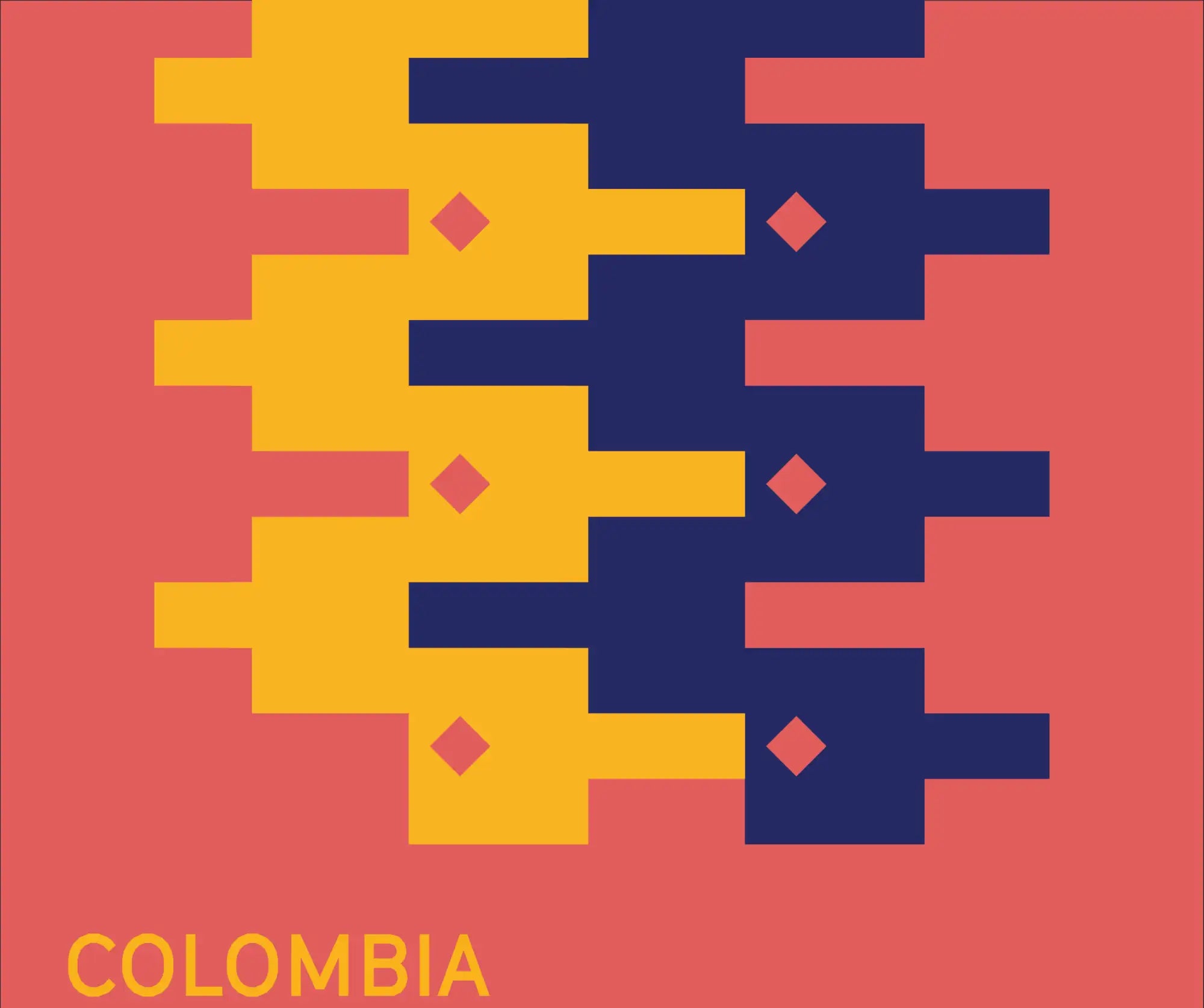 Vibrant geometric pattern in yellow and navy blue with pink diamond accents on a coral background, labeled ’colombia.’