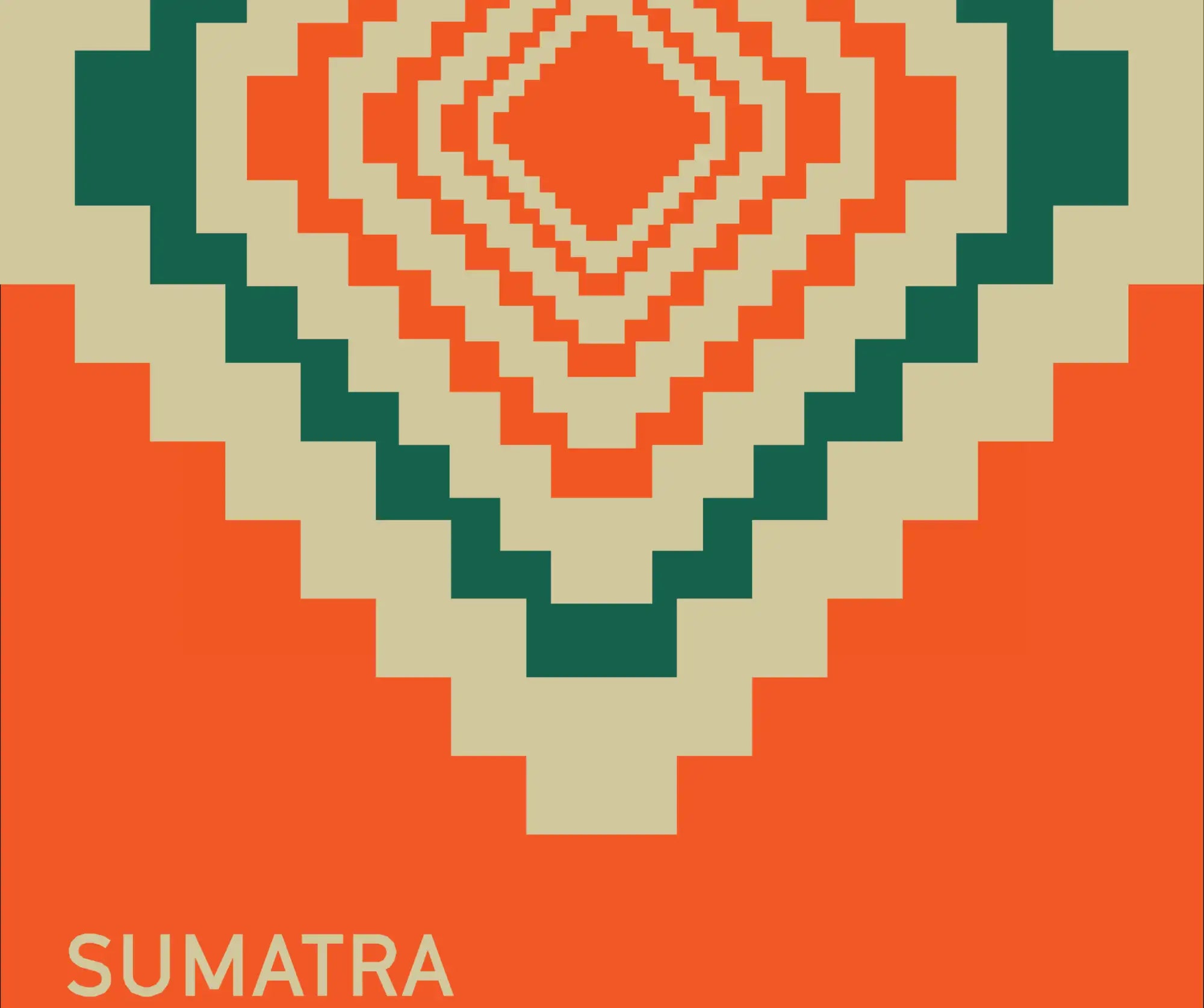Vibrant orange and teal pixelated geometric pattern with cream accents, designed in a bold retro style.