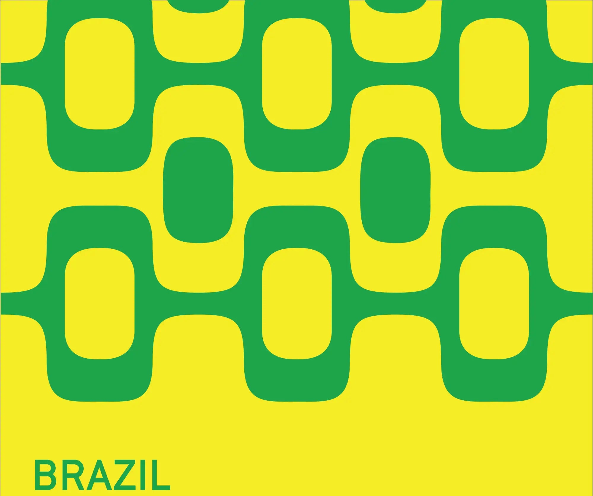 Vibrant yellow and green geometric pattern with bold, rounded rectangular shapes.